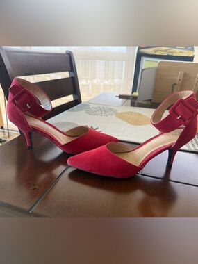 Cato Red Suede Pointed D'Orsay Heels with Ankle Strap Velcro Buckle